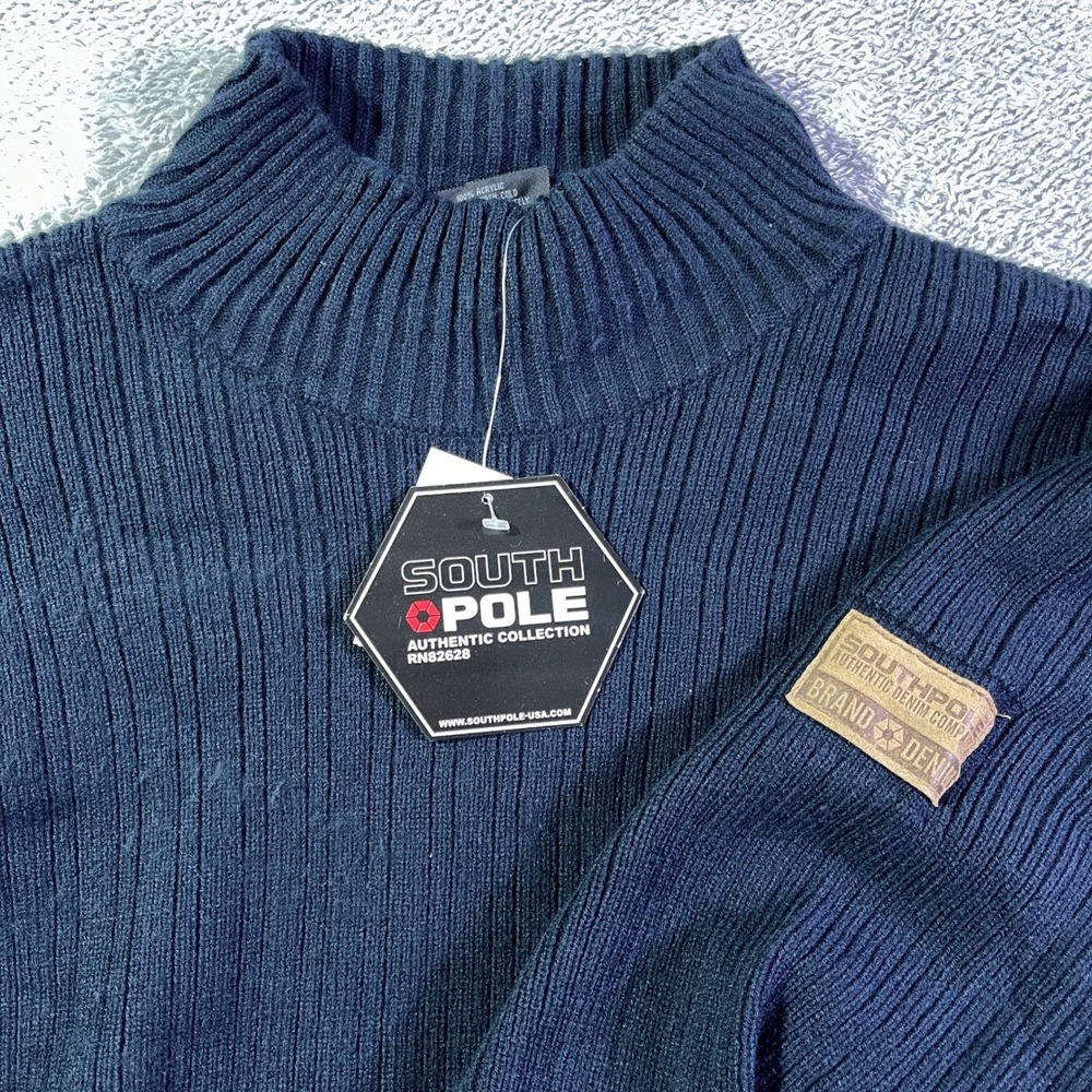 South Pole Men's Ribbed Mock Neck Long Sleeve Sweater Knit Top Size L Navy